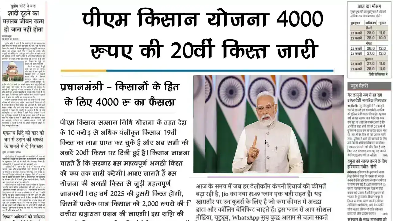 पीएम किसान योजना 4000 रुपए की 20वीं क़िस्त तिथि जारी PM Kisan 20th Installment